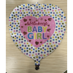Heart-shaped balloon reading "Welcome Baby Girl" with colorful polka dots