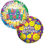 Two colorful birthday balloons with "Happy Birthday" text and smiley faces