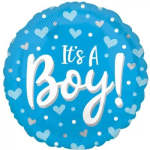 Blue balloon with hearts and the words "It's A Boy!"