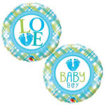 Two round balloons reading "LOVE" and "BABY Boy" in blue and green plaid