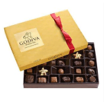 Box of assorted chocolates with a gold lid and red ribbon