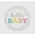 Round foil balloon with "hello BABY" text and pastel hearts