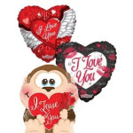 Three heart-shaped Valentine balloons with love messages and a monkey balloon