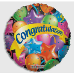 Round foil balloon with colorful balloons and a "Congratulations" banner
