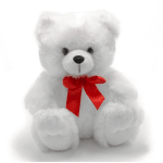 White teddy bear with a red ribbon bow