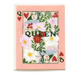 Pink greeting card with floral queen of hearts artwork