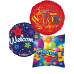 Three colorful welcome balloons with stars and balloons printed on them