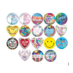 Assorted colorful heart and round balloons with greeting text