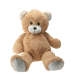 Tan teddy bear plush toy sitting on a white background