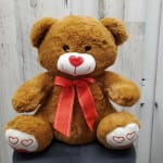Brown teddy bear with a red ribbon and heart details