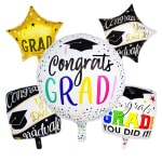Graduation balloons with "Congrats Grad" messages