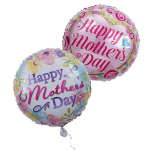 Two Mother's Day balloons with floral patterns and pink lettering