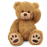 Brown teddy bear plush sitting with one paw raised