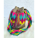 Colorful woven bucket bag with a braided strap and tassel tie