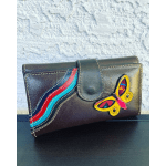 Decorative dark leather wallet with colorful butterfly appliqués