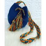 Blue woven bag with multicolor braided strap and tassels