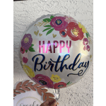 Round birthday balloon with colorful floral print and "Happy Birthday" text