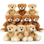 Stack of plush teddy bears with ribbon bows on a white background