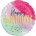 Round birthday balloon with pastel rainbow frosting design