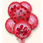 Cluster of red heart-shaped balloons with love messages