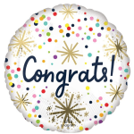 Round foil balloon with "Congrats!" text and confetti dots