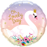 Round pastel balloon with a swan and the words "Oh Lovely Day"