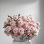 Pink roses in a white wicker basket with eucalyptus accents