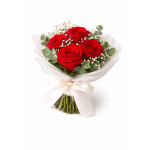 Bouquet of red roses with baby's breath and white ribbon wrap
