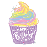 Cupcake-shaped birthday balloon with rainbow frosting and purple wrapper