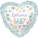 Heart-shaped balloon with "Welcome Baby" text and pastel hearts