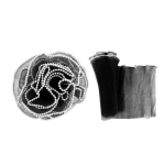 Two rolled decorative fabric trims or ribbons in black and gray