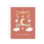 Baby shower card with moon, stars, and clouds
