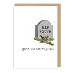 Sympathy card with a tombstone illustration and flowers