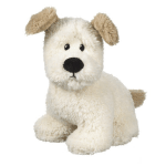 Plush white dog with tan ears and black nose