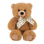 Brown teddy bear with a heart-patterned ribbon