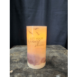 Tall frosted candle holder with the words "Let your light shine"