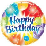 Round birthday balloon with colorful confetti and "Happy Birthday" text