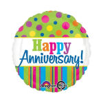 Round foil balloon with "Happy Anniversary!" text and colorful polka dots