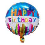 Round birthday balloon with colorful "Happy Birthday" text