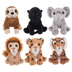Six plush animal toys arranged in two rows on a plain background.