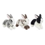 Three plush rabbits in gray, brown, and black-and-white.