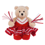 Teddy bear in a red cheerleader outfit holding red and white pom-poms