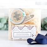 Gift set with a balm tin and lavender lemongrass soap in a clear box