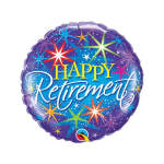 Round purple balloon with "Happy Retirement" text and colorful starbursts