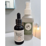 Two skincare bottles, one dropper serum and one spray toner