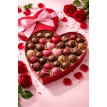 Heart-shaped chocolate box with roses and pink ribbon