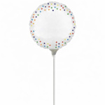 White round balloon with multicolored polka dots on a stick