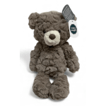 Brown plush teddy bear with a tag attached