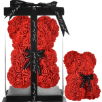 Red rose teddy bear in a black gift box with ribbon