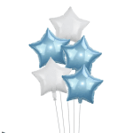 Cluster of blue and white star-shaped balloons on sticks